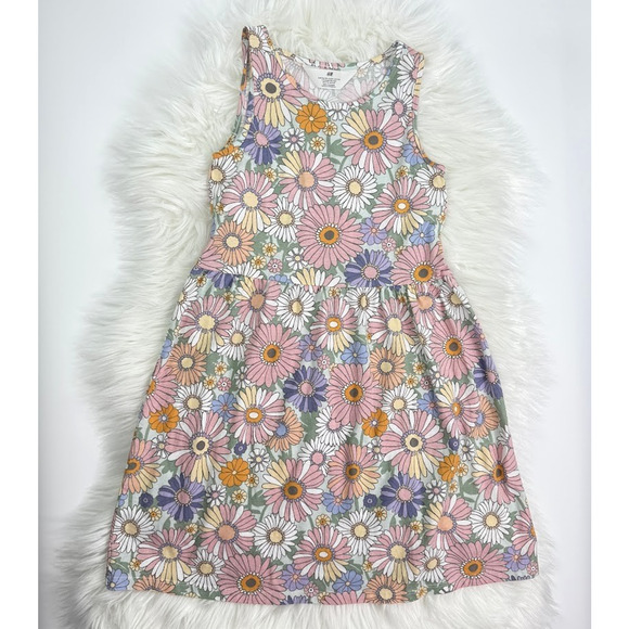 H&M Dress Girls Sz 8/10 Floral Daisy Print Pastel Pink White Green Soft Cotton - Picture 1 of 7
